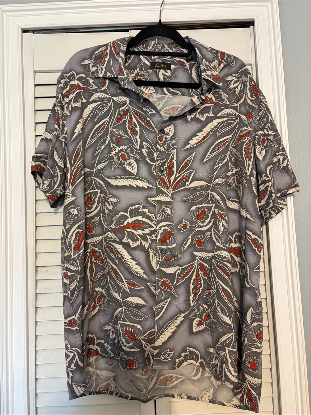 Tasso Elba Gray Floral Short-Sleeve Button-Down Shirt with Rust Accents